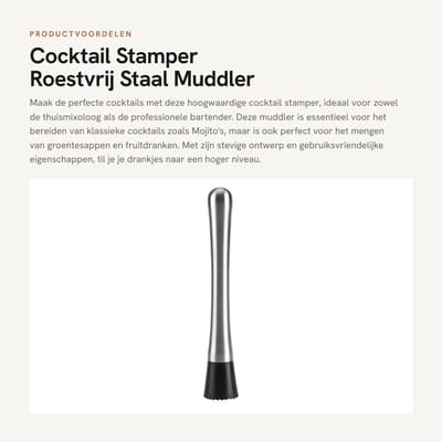 Dailygoods- Cocktail Stamper Roestvrij Staal - Muddler - Barmaatje - Ergonomisch Handvat - 25 cm - Voedselkwaliteit PP