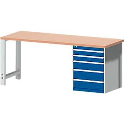 Bott cubio werkbank, met ladekast, rood beukenhout, B 2000 x D 750 x H 840 mm, 1200 kg, gentiaanblauw/lichtgrijs