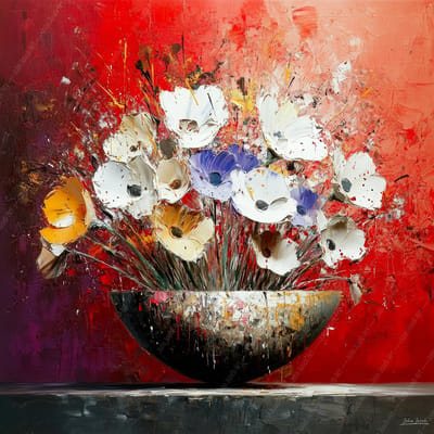 John Joseb Art (Aluminium) 100x100 | Bloemen in een schaal, kleurrijk, abstract, grunge stijl, stilleven, kunst | vierkant, bloem, rood, wit, blauw, bruin, woonkamer, modern | foto-schilderij op dibond, metaal wanddecoratie