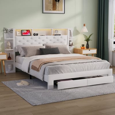 Tweepersoonsbed 140x200cm met USB, Stopcontacten, LED, 2 Lades en Lattenbodem, Massief Houten Opbergbord, Wit