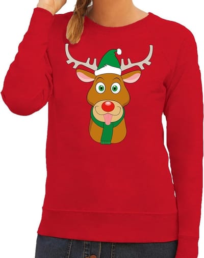 Foute kersttrui - sweater - Rudolf het rendier met groene kerstmuts - rood - voor dames - Kersttruien - vrouwen XS