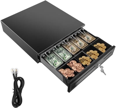Velori Kassalade 5 Bankbiljetten 5 Munten - Geldlade met Slot - POS Kassalade - RJ11 Kassasysteem Lade - Afneembare Muntenbak - Automatisch & Handmatig Openen - 40,5 x 42 x 10 cm