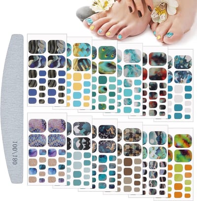 Marmeren Waterdichte Teennagel Stickers - 12 Stuks Zelfklevende Nagelkunst met Vijl voor Vrouwen en Meisjes, Perfect voor DIY Manicure en Nail Art