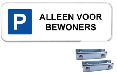 Parkeerbord Bewoners 3 - Weerbestendig Aluminium - 40x15 cm - Bevestiging: Met hekbeugels (voor spijlen- of gaashek)