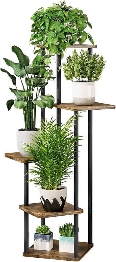 Famanu - Plantenstandaard 5-laags metalen bloemenplank voor binnen voor meerdere planten, hoekhoge bloemhouders voor terras, tuin, woonkamer, bal