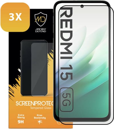 3-Pack MobyDefend Screenprotectors - Geschikt voor Xiaomi Redmi 15 5G - Screensavers Met Zwarte Randen - Gehard Glas