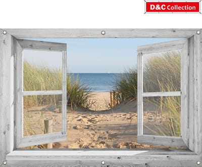 D&C Collection - tuinposter - 130x95 cm - doorkijk - openslaand wit venster - duinovergang - tuindoek - schuttingposter - tuindecoratie - balkon decoratie- balkon decoratie
