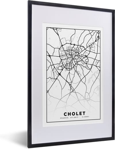 Fotolijst incl. Poster Zwart Wit- Kaart - Plattegrond - Frankrijk - Cholet - Stadskaart - Zwart wit - 40x60 cm - Posterlijst