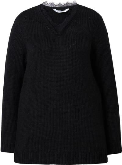 MIAMODA - Dames - Trui classic fit grof breisel hals met kant - Zwart - Maat 46+