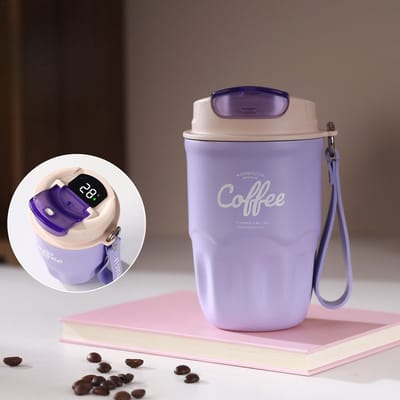 360ml Draagbare Geïsoleerde Koffiemok - Slimme Temperatuurweergave - Reisbeker Voor Koffie - Roestvrijstalen Thermosfles - Dubbelwandige Vacuümbeker - Unisex - Paars