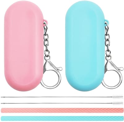 Rietjes met etui, herbruikbare opvouwbare draagbare rietjes + diepe reinigingsborstel + draagtas met sleutelhanger, voor reizen en feesten (roze en blauw)