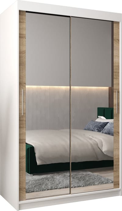 InspireMe - Kledingkast met 2 schuifdeuren, Modern-stijl, Kledingkast met planken (BxHxD): 120x200x62 - TORM III 120 Wit Mat + Sonoma Eik