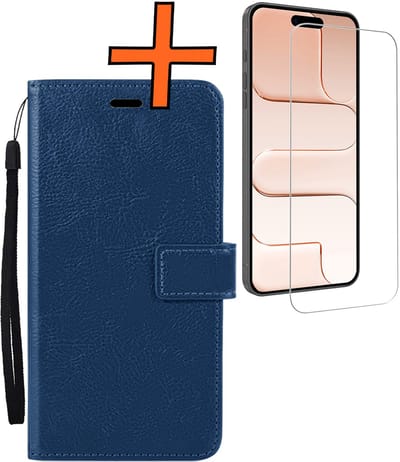 Hoes - Met Screenprotector - Geschikt voor Apple iPhone Air - Luxe Pasjeshouder - Bookcase Portemonee - Flip Case - Kunstleer Book Case - Flipcase - Book Cover - Walletcase - PortemonneeHoes - Donkerblauw