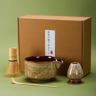Theeset 4-delig van keramiek, Japanse matcha kommen, matcha garde (Chasen), schep (chashaku), garde standaard (bruin)