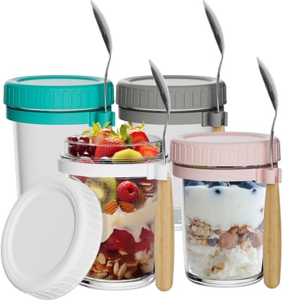 Dailygoods- Overnight Oat Jars - 4 Stuks - 350ml Airtight Ontbijt Jars - Met Deksel en Lepel - Meetmarkeringen - Glas en PP Materiaal - Opslagpot