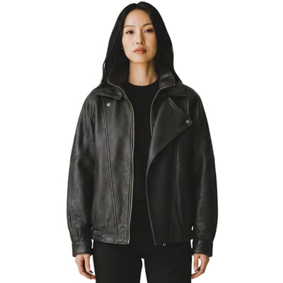Dames zwart lamsleer Big Bomber Biker Blouson Oversized Jas - Krakau