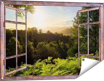 Gards Tuinposter Doorkijk Zonsondergang vanuit een Bos - 90x60 cm - Tuindoek - Tuindecoratie - Wanddecoratie buiten - Tuinschilderij