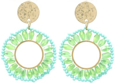 Oorbellen - Oorhangers - RVS - Roestvrij Staal - Statement Oorbellen- Kralen - Groen/Blauw - 4cm - Goudkleurig