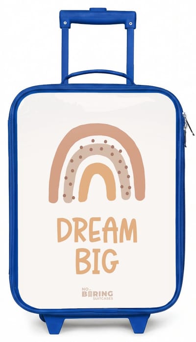 NoBoringSuitcases.com® - Kinderkoffer blauw - Kindertrolley jongen - Regenboog met de quote 'Dream Big' - Koffer kind lichtgewicht - Reiskoffer trolley voor kinderen - Koffertje met lichtgevende wieltjes - Rolkoffer