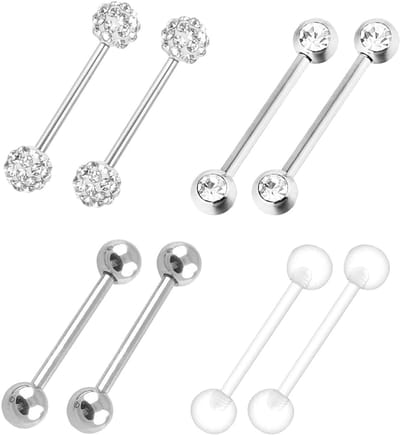 Barbells-ring, 4 paar, 316L roestvrij staal, tepelringen, zirkonia, tongringen, lichaamspiercing, sieraden, 14 gauge