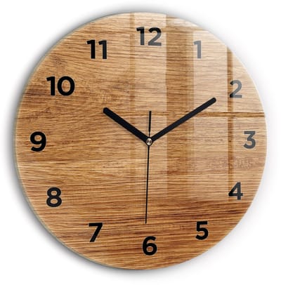 Wallfluent Wandklok - Licht hout Klok met Print - 30 cm x 30 cm - Bruin Wandklok - Zwarte Handen - Wandklok Met Cijfers - Kinder Wandklok Glas - Ronde Glas Klok - Scandinavisch Wandklok - Klok met Print