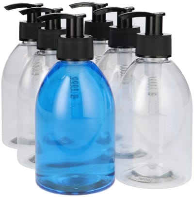 6 x Pomp Flessen 300ml transparant R-PET met Dispenser Pomp Zwart- Gerecycled PET - tot 60% minder Co2 uitstoot - 6 stuks