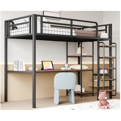 ModernLuxe Metalen hoogslaper 90x200 cm - met bureau en veiligheidsladder - Zwart