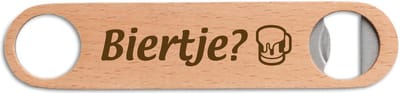 Gegraveerde bieropener/flesopener met de tekst Biertje