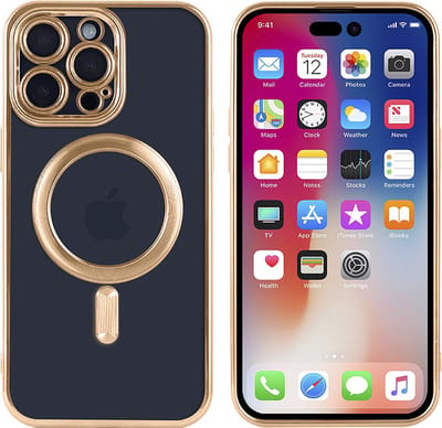Hoesje Geschikt voor iPhone 15 Pro Max Magsafe hoes - Lens beschermer – backcover – Transparant / Goud