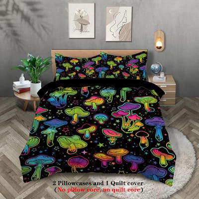 3-delige donzen dekbedovertrek met gradiënt paddenstoelenprint (1 donzen dekbedovertrek+2 kussenslopen, zonder vulling) Beddengoedset met Halloween-thema 135x200cm-EU-Single gray