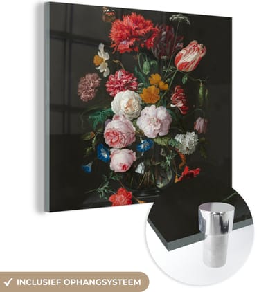 MuchoWow® Glasschilderij 50x50 cm - Schilderij acrylglas - Stilleven met bloemen in een glazen vaas - Schilderij van Jan Davidsz. de Heem - Foto op glas - Schilderijen