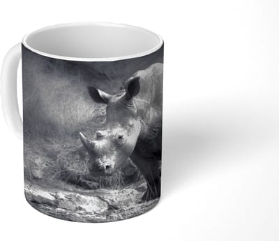 Mok - Koffiemok - Neushoorn - Natuur - Gras - Zwart - Wit - Mokken - 350 ML - Beker - Koffiemokken - Theemok