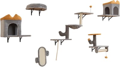 COSTWAY 6 stuks klimwand katten, krabpaal met bal en platforms, 2 kattenholletjes, 3 verdiepingen tellende kattentoren met hangmat, 1 bed & 1 krabplank, kattenboom muur, kattentrap klimboom, grijs
