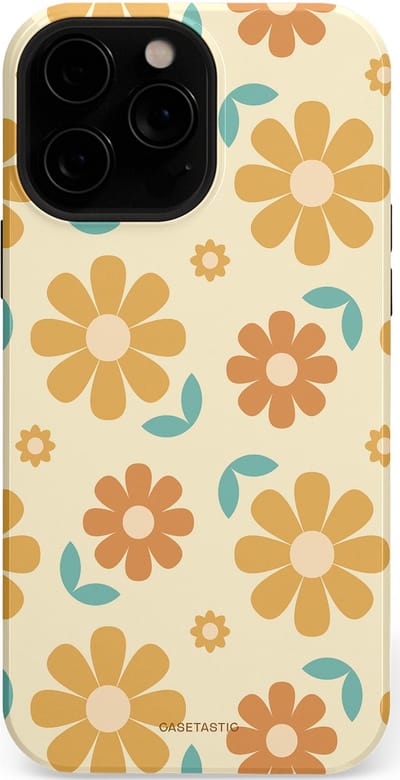 Casetastic hoesje geschikt voor Apple iPhone 13 Pro - MagSafe - Dubbellaagse bescherming - Flower power Retro Bloemen - Geel - Oranje - Blauw - Fashion Case - Crème Goud Perzik