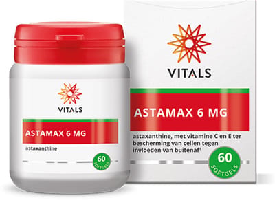 Vitals Astamax 6 mg Astaxanthine - 60 softgels - antioxidanten. Natuurlijke astaxanthine uit algen met vitamine C en E ter bescherming van cellen tegen invloeden van buitenaf.