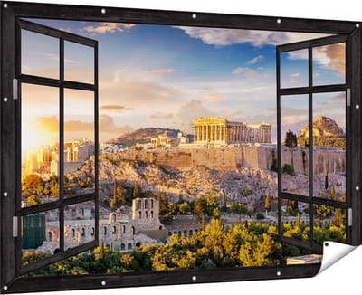 Gards Tuinposter Doorkijk Akropolis van Athene, Griekenland - Architectuur - 180x120 cm - Tuindoek - Tuindecoratie - Wanddecoratie buiten - Tuinschilderij