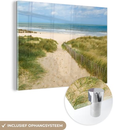 MuchoWow® Glasschilderij 160x120 cm - Schilderij acrylglas - Strand - Zee - Duin - België - Foto op glas - Muurdecoratie woonkamer - Wanddecoratie slaapkamer - Schilderijen