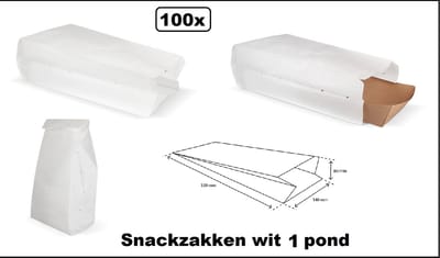 100x Snack zakken wit 1 pond geperforeerd - nr 27 - Patat snacks belegde broodjes food friet festival