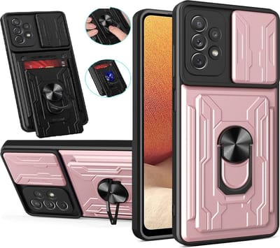 Hoesje Geschikt Voor Samsung Galaxy A22 5G hoesje met kickstand Rose Goud - Hoesje Geschikt Voor Samsung Galaxy A22 camera lens screen protector - hoesje Hoesje Geschikt Voor Samsung Galaxy A22 met pasjeshouder ring case
