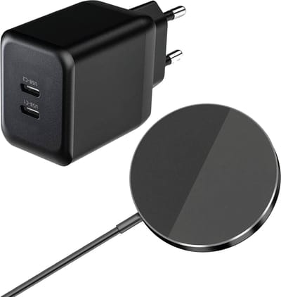 Draadloze Oplader geschikt voor MagSafe + USB C Adapter Set - Snellader - Draadloos Opladen - 15W - Twee USB poorten - Magnetisch - Zwart