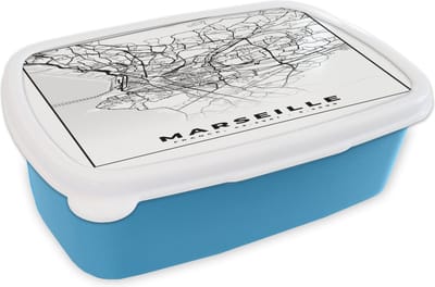 Broodtrommel Blauw - Lunchbox - Brooddoos - Marseille - Kaart - Stadskaart - Frankrijk - Plattegrond - Zwart wit - 18x12x6 cm - Kinderen - Jongen