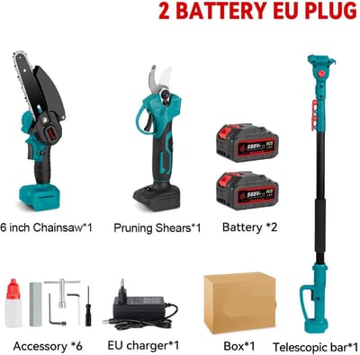 Mini Kettingzaag - Kettingzaag - Snoeizaag - Takkenzaag - Handzaag - Telescoop Kettingzaag - 3500W - 3-in-1 - Automatische Kettingsmering - Brushless - Tuin Schaar Snoei Gereedschap - 2 Batterij EU Stekker