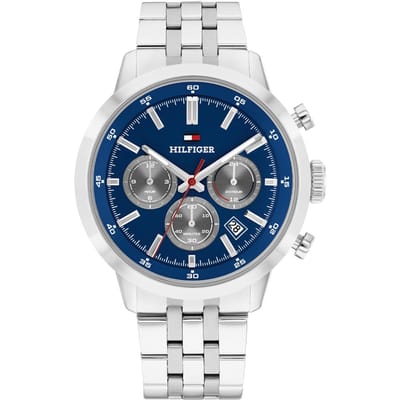 Tommy Hilfiger Dual Time Horloge, Zilverkleurige Stalen Band, Blauwe Wijzerplaat, Stalen Kast, Datum, 43Mm, 5 Atm, 1710753