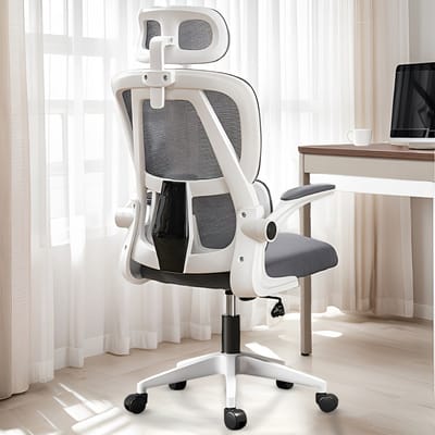 Ergonomische bureaustoel-Draadloze Stoffen Hoge Rug Computerstoel-Kantoorstoel Comfortabel met Armleuningen-Lendensteun-Hoofdsteun-Metaal- Grijs.