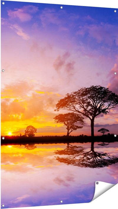 Gards Tuinposter Silhouet van Bomen tijdens Zonsondergang - 100x150 cm - Tuindoek - Tuindecoratie - Wanddecoratie buiten - Tuinschilderij