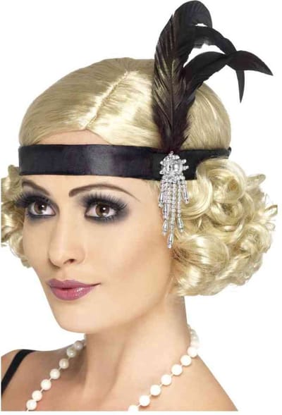 Hoofdband zwart met veren | Black Satin Charleston Headband