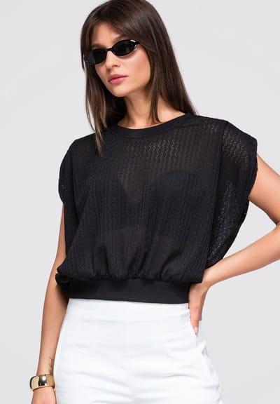 OMBRE Blouse - Loose Fit - Mouwloos - Knopen Zwart ONESIZE