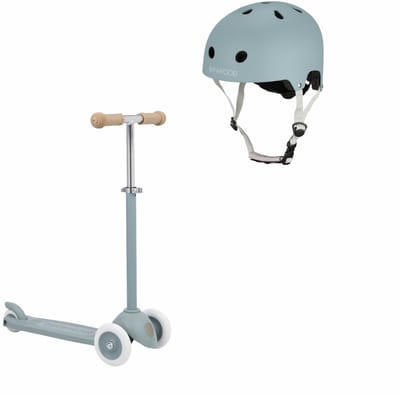Banwood Eco Scooter + Basket + Eco Fietshelm - Teal - kinderstep - kinder helm - voordeelset