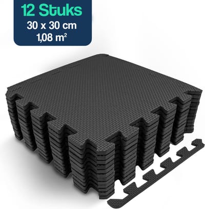 Hulser Puzzelmat - 30 x 30 x 1 cm - 12 stuks - 1,08 m2 - EVA foam mat - Fitnessmat ondergrond - Vloerbeschermer tegels - Rubberen isolatiemat extra dik - Fitness vloer ondertegels - Sportvloer - Worstelmat - Tenttapijt schuimmat - Zwembad