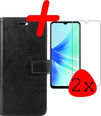 Hoesje Met 2x Screenprotector - Geschikt voor OPPO A17 - Luxe Pasjeshouder - Bookcase Portemonee - Flip Case - Kunstleer Book Case - Flipcase Hoes - Book Cover - Walletcase - Portemonneehoes - Zwart